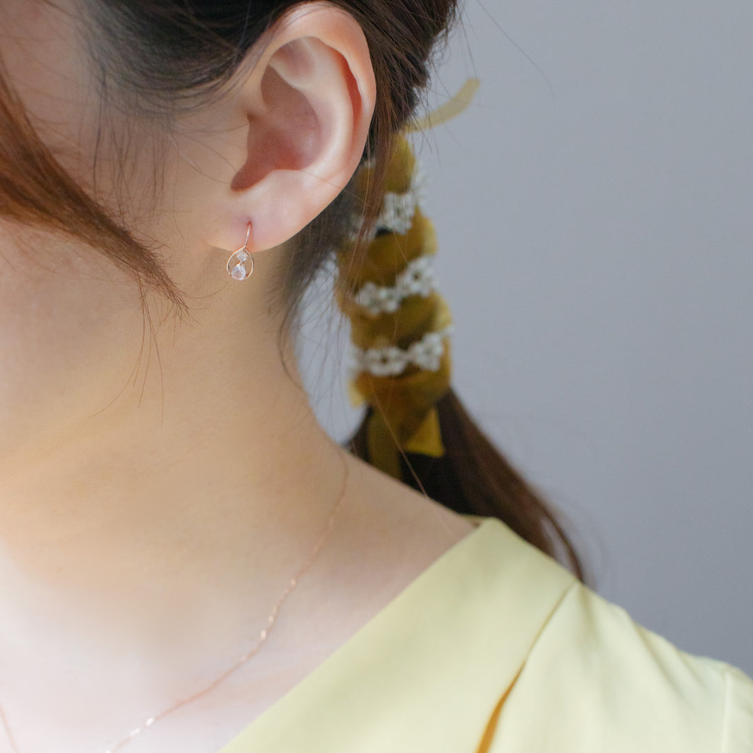 K10 ピンクゴールド ローズクォーツ しずく フック ピアス